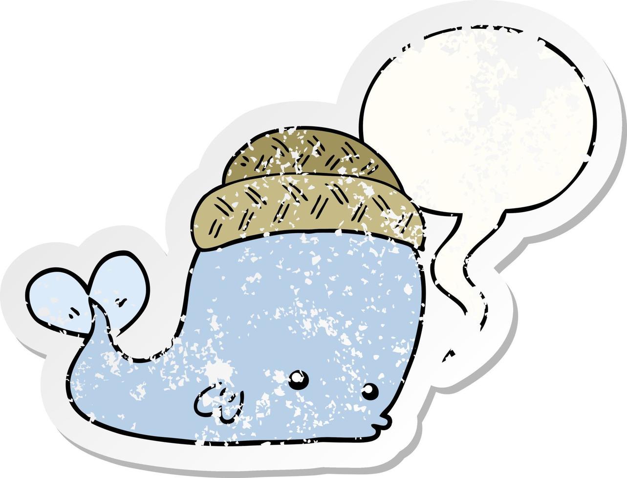 baleia de desenho animado usando chapéu e bolha de fala adesivo angustiado vetor