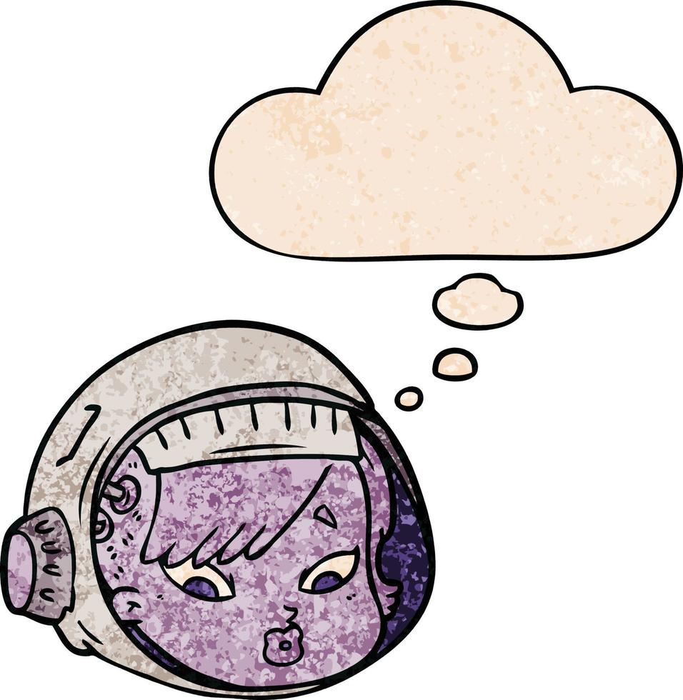 rosto de astronauta de desenho animado e balão de pensamento no estilo de padrão de textura grunge vetor