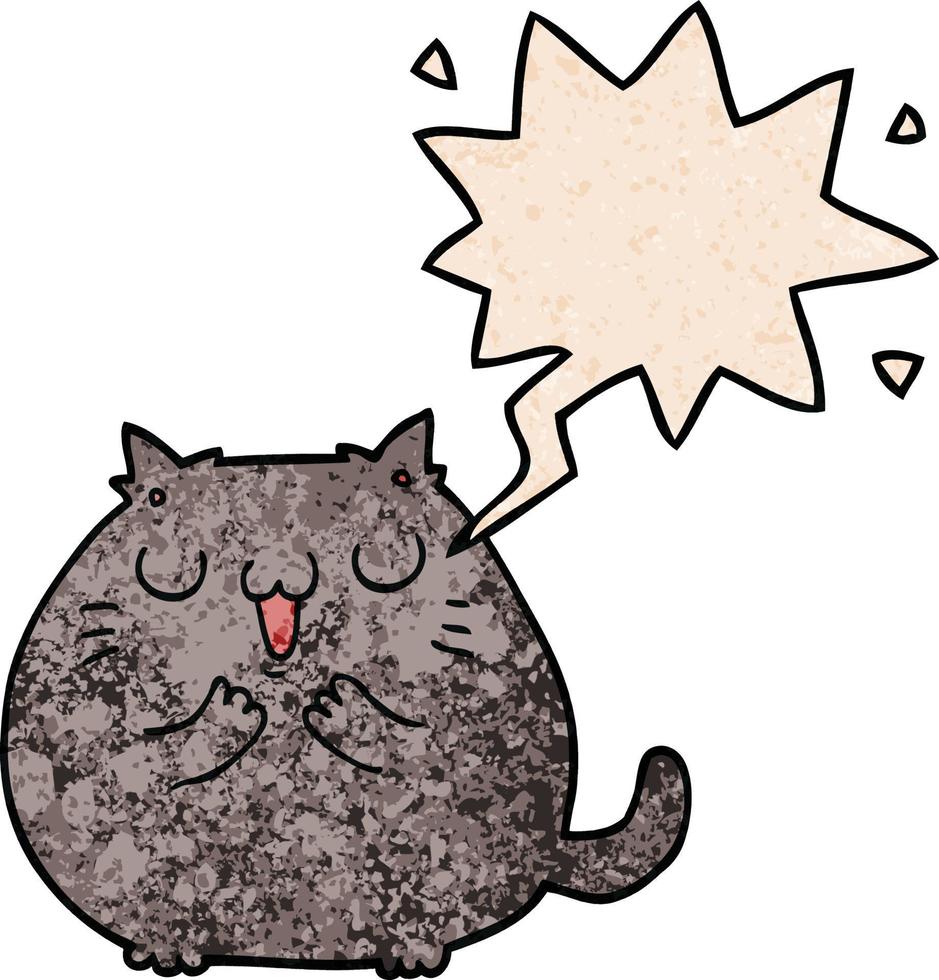 gato de desenho animado feliz e bolha de fala no estilo de textura retrô vetor