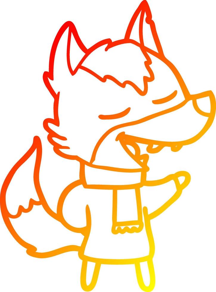 desenho de linha de gradiente quente lobo de desenho animado no cachecol rindo vetor