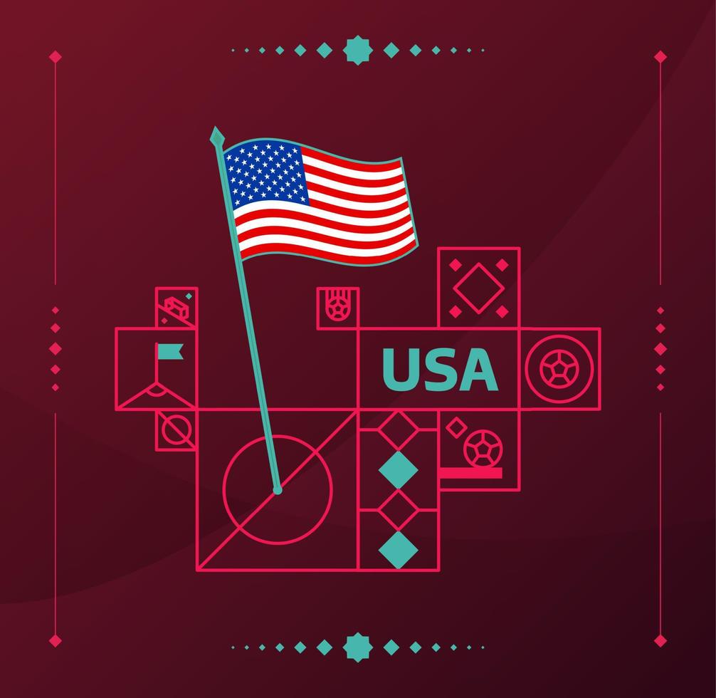 EUA torneio mundial de futebol 2022 vetor bandeira ondulada fixada em um campo de futebol com elementos de design. fase final do torneio mundial de futebol 2022. cores e estilo não oficiais do campeonato.