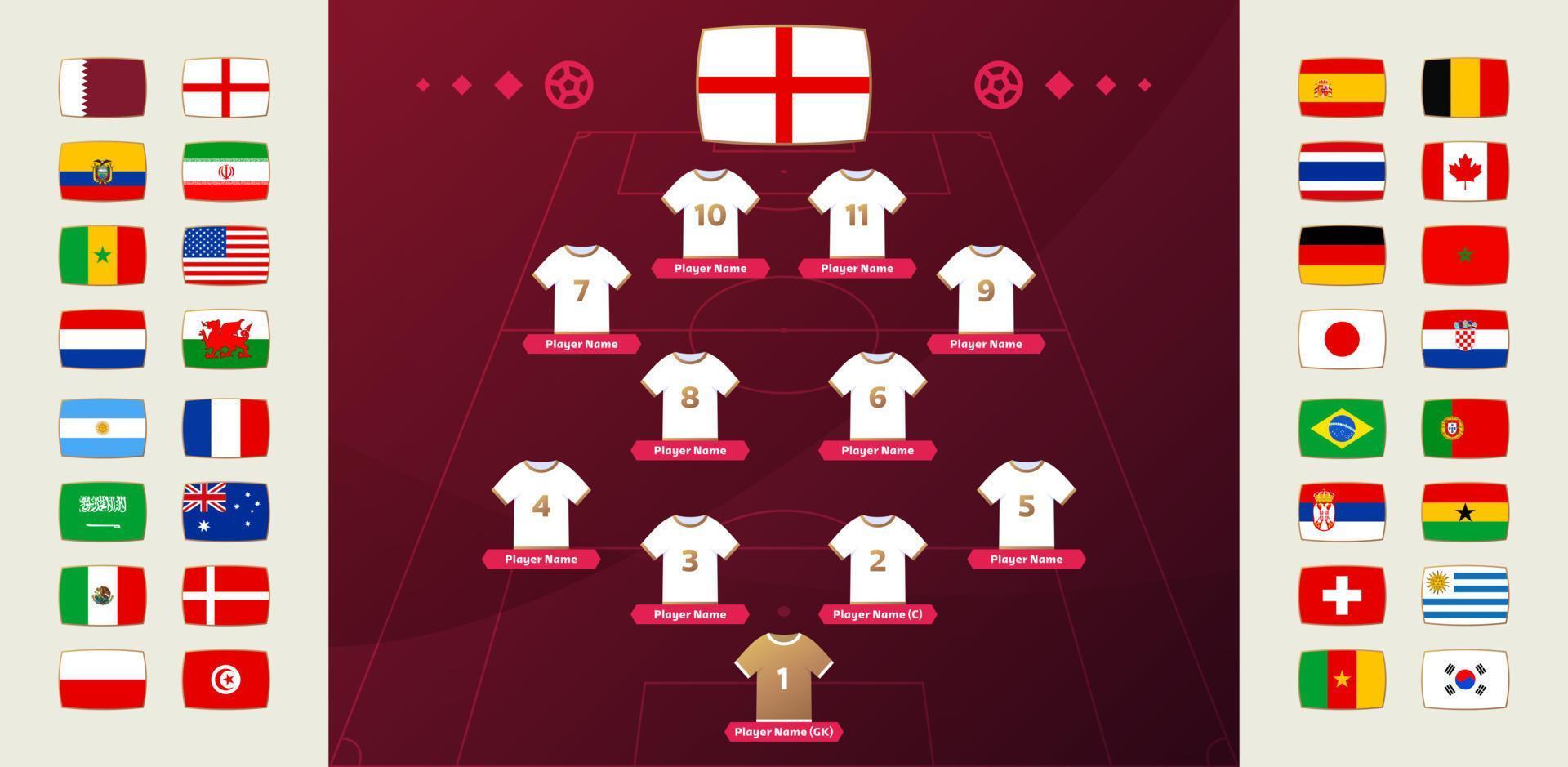 conjunto de bandeira de equipes nacionais e ilustração em vetor de fase final do torneio de futebol mundial 2022 line-up. tabela de escalação da equipe do país e formação da equipe no campo de futebol. vetor bandeiras do país.