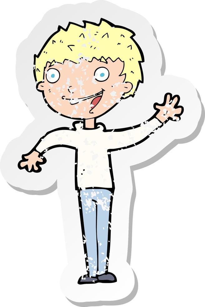 adesivo retrô angustiado de um menino feliz de desenho animado acenando vetor