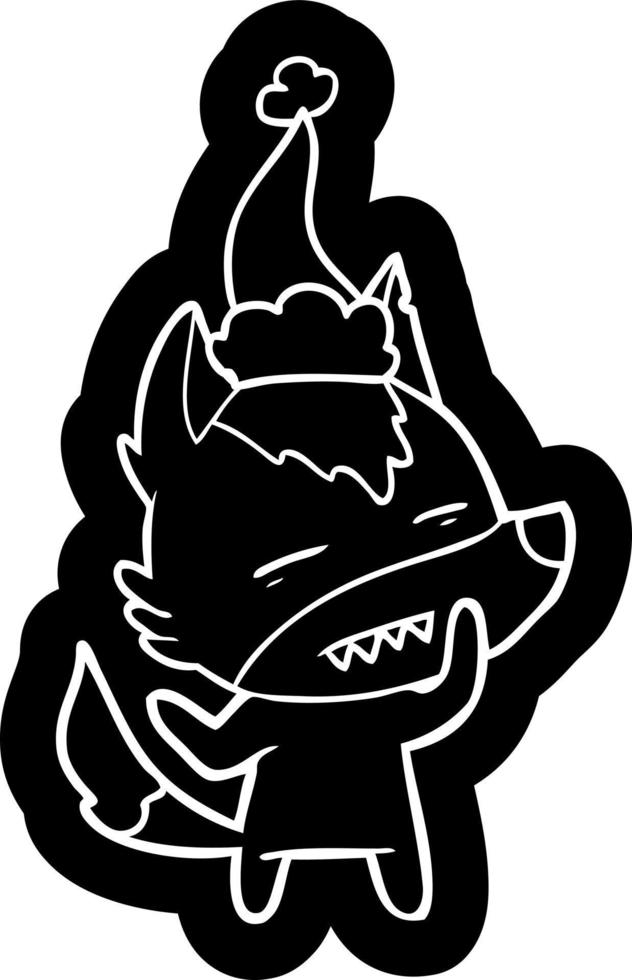 ícone de desenho animado de um lobo mostrando os dentes usando chapéu de papai noel vetor