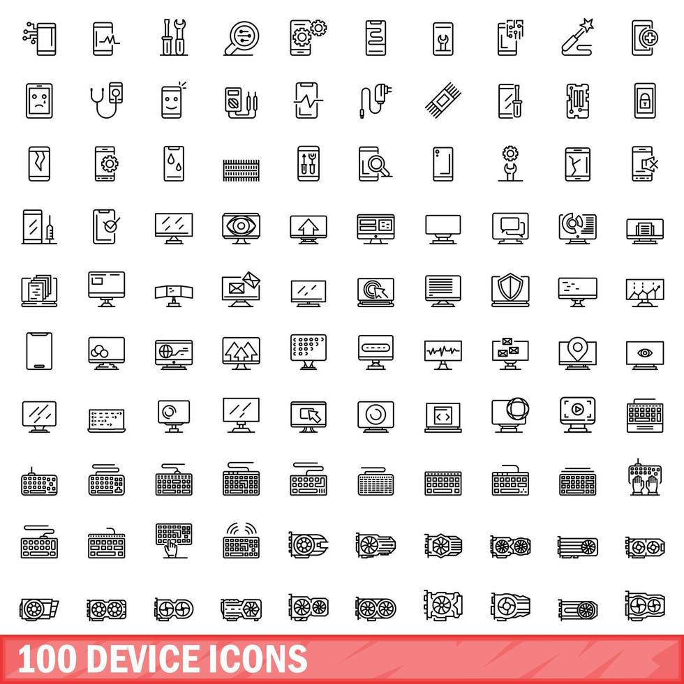 conjunto de 100 ícones de dispositivo, estilo de estrutura de tópicos vetor