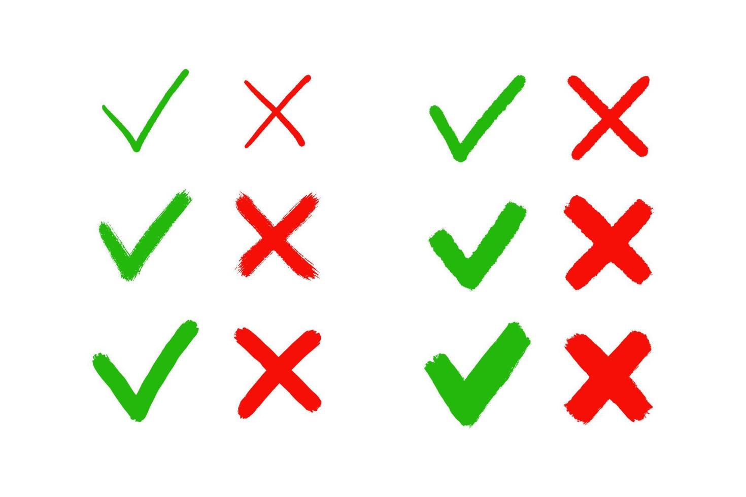 verificação de carrapato desenhado à mão grunge e marca cruzada. símbolos desenhados por pincel ok, sim e não, x. marque v e cruze x para a caixa de seleção. ícones verdadeiros e falsos. ilustração vetorial isolada no fundo branco vetor