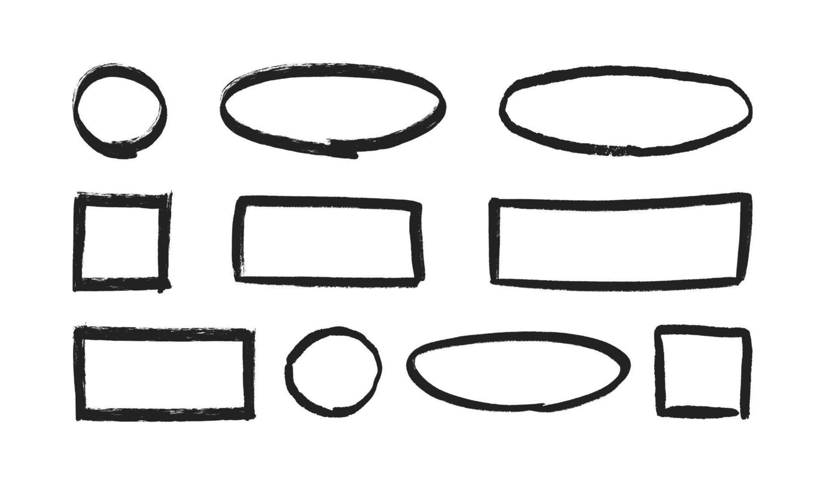 círculos desenhados à mão grunge, retângulos e ovais. coleção de círculo de destaque texturizado e quadros quadrados. doodle bordas circulares para design de diário de bala. ilustrações vetoriais em fundo branco vetor