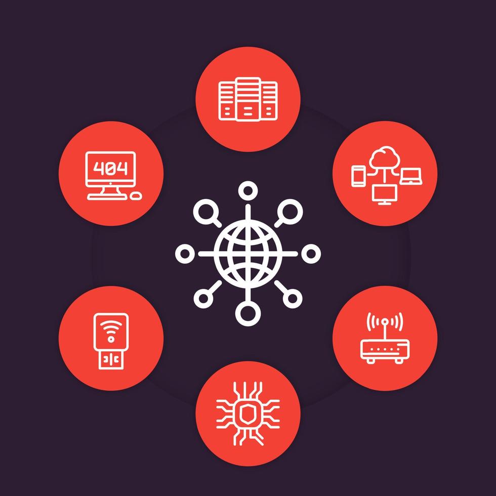 rede, ícones lineares de tecnologias de internet, conexões globais, servidores, computação em nuvem vetor