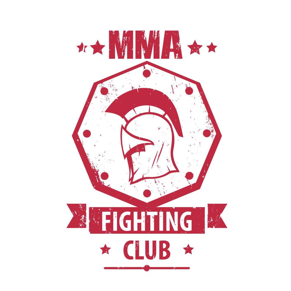 logotipo do clube de luta mma, emblema, crachá com capacete espartano, estampa de camiseta vermelha isolada em branco, ilustração vetorial vetor