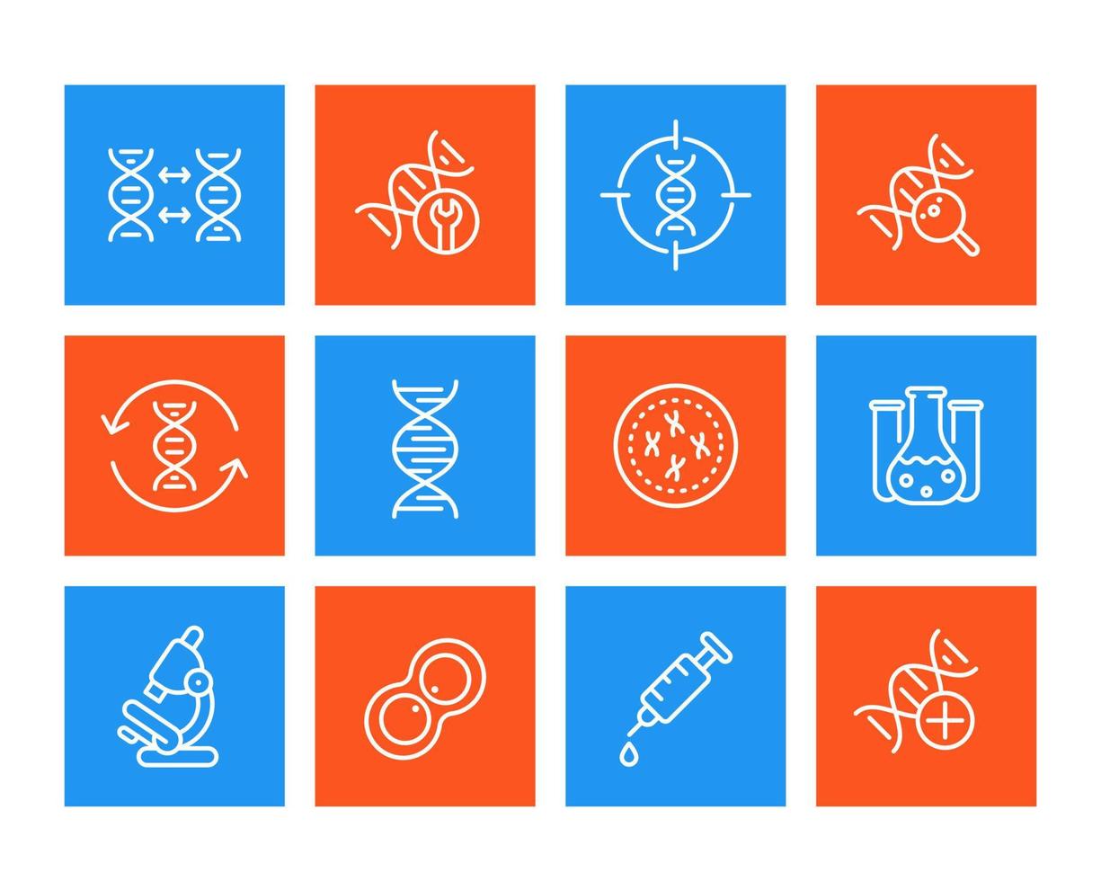 genética, modificação de dna, replicação, conjunto de ícones de linha de pesquisa genética vetor