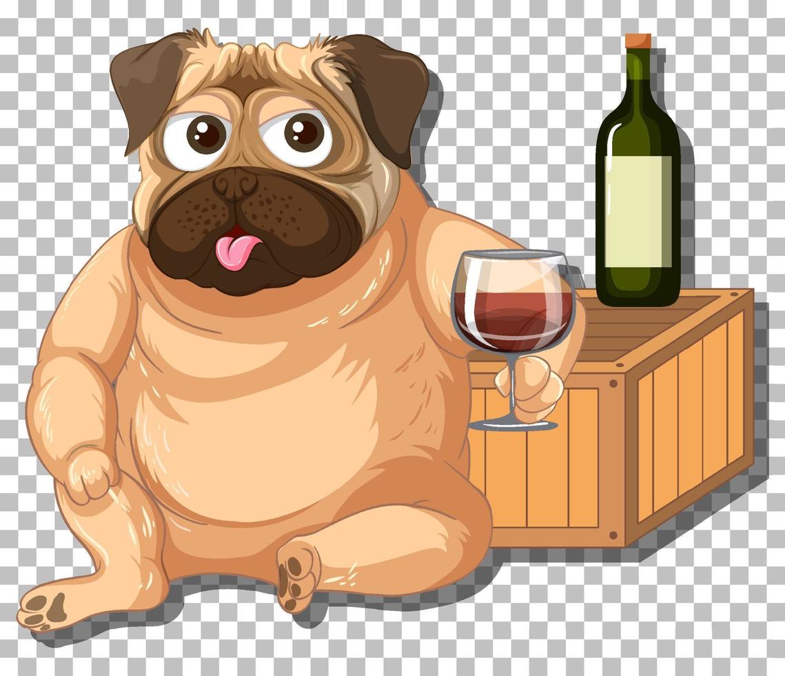 cachorro pug bebendo vinho personagem de desenho animado vetor