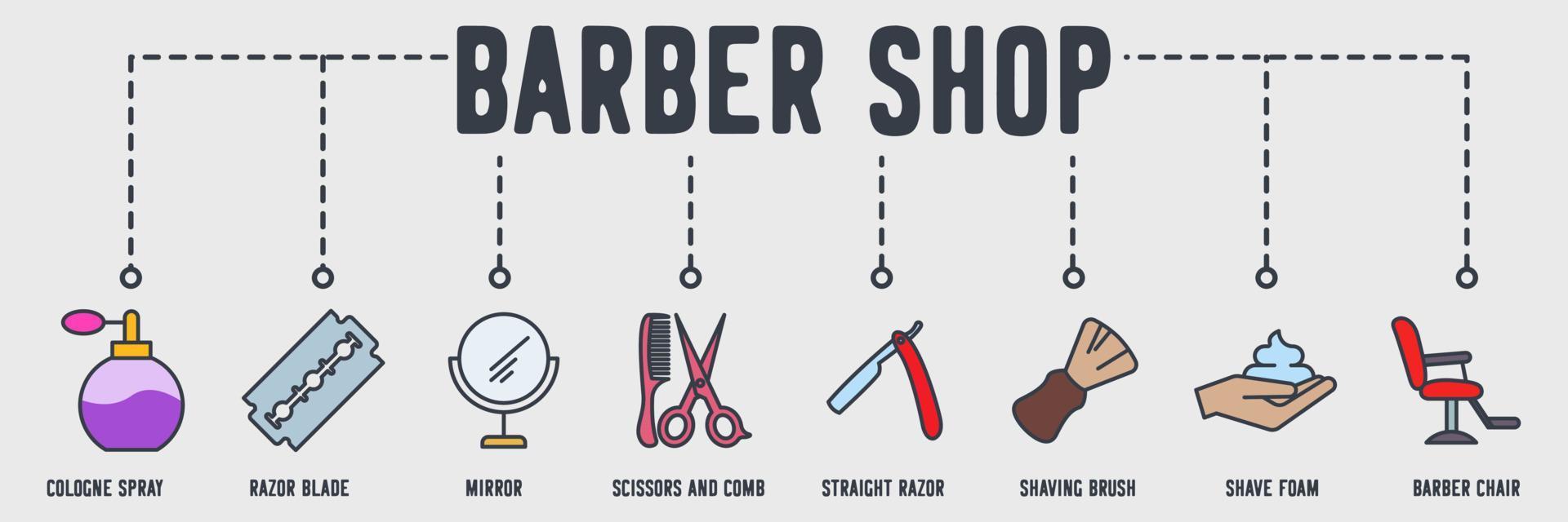 ícone de web de banner de barbearia. spray de colônia, lâmina de barbear, espelho, tesoura e pente, navalha, pincel de barbear, espuma de barbear, conceito de ilustração vetorial de cadeira de barbeiro. vetor