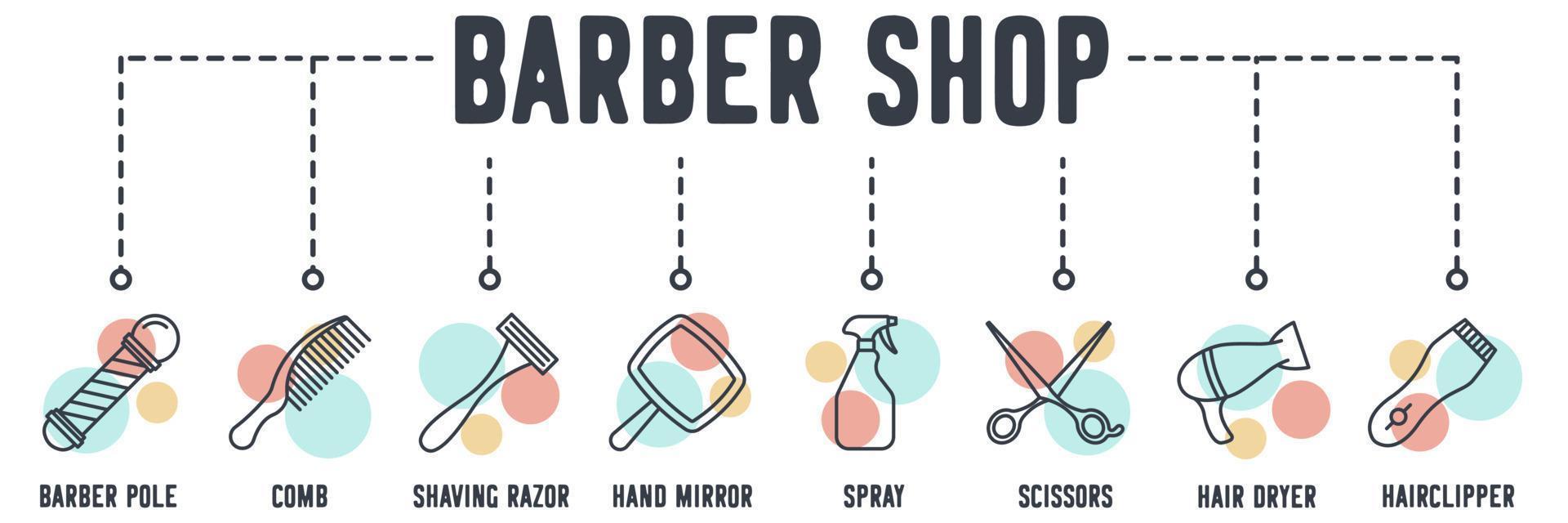 ícone de web de barbearia. pente, lâmina de barbear, espelho de mão, spray, tesoura, secador de cabelo, conceito de ilustração vetorial de máquina de cortar cabelo. vetor