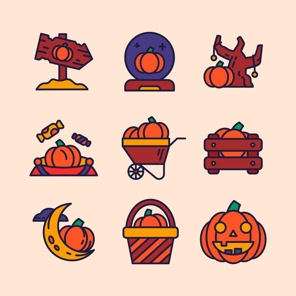 conjunto de ícones de halloween de caça de abóbora vetor