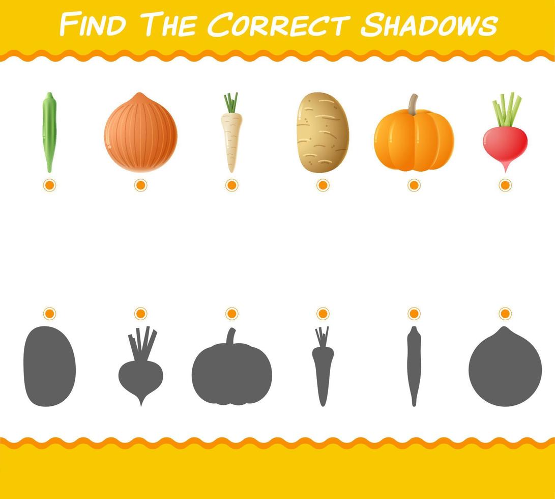 encontre as sombras corretas dos vegetais dos desenhos animados. jogo de busca e correspondência. jogo educativo para crianças e bebês da pré-escola vetor