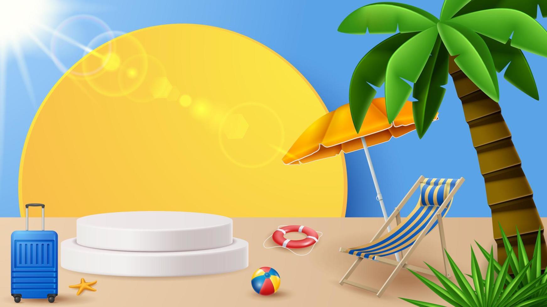 fundo de decoração de pódio de exibição de verão com enfeite de praia. ilustração vetorial 3d vetor