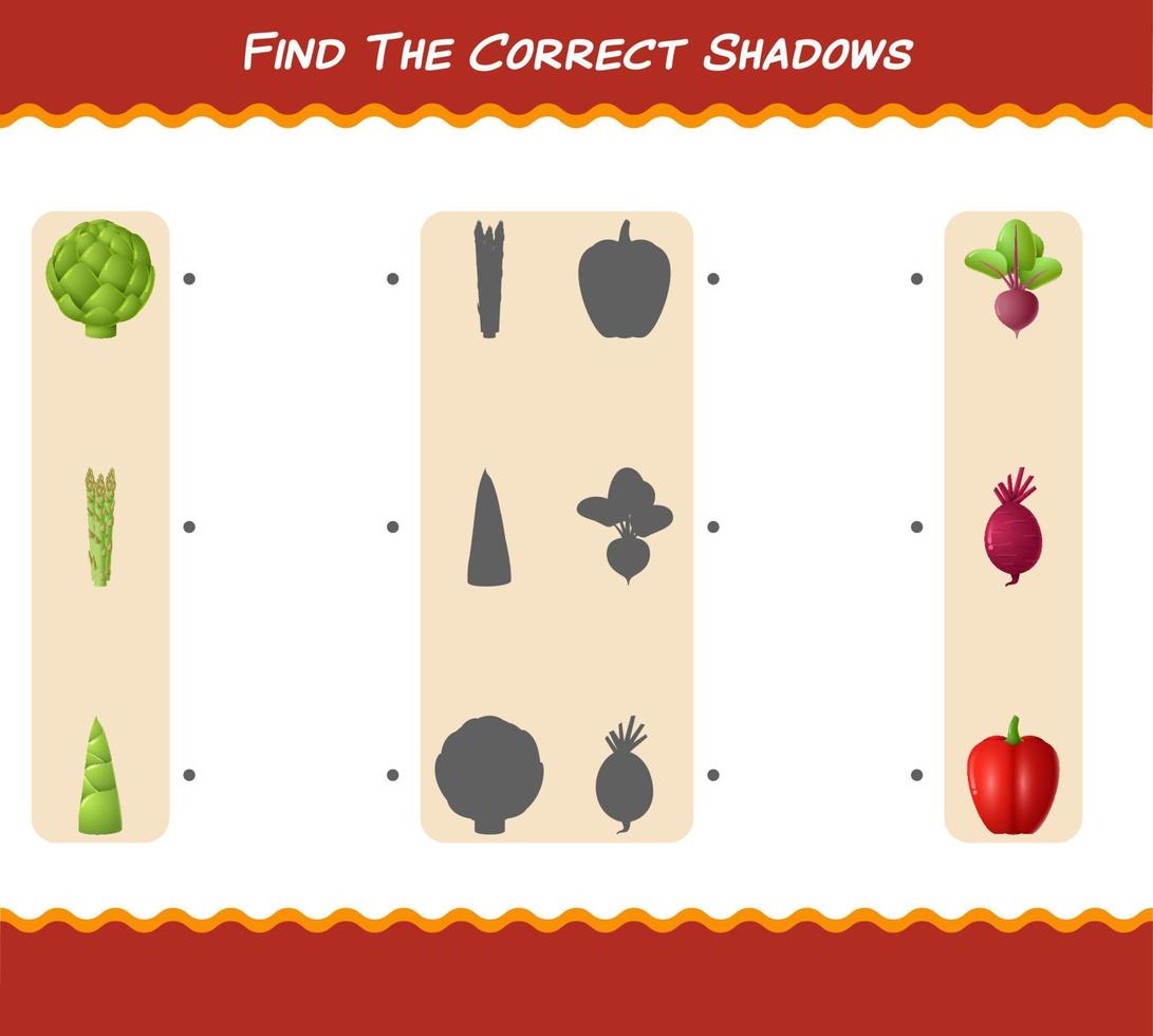 encontre as sombras corretas dos vegetais dos desenhos animados. jogo de busca e correspondência. jogo educativo para crianças e bebês da pré-escola vetor