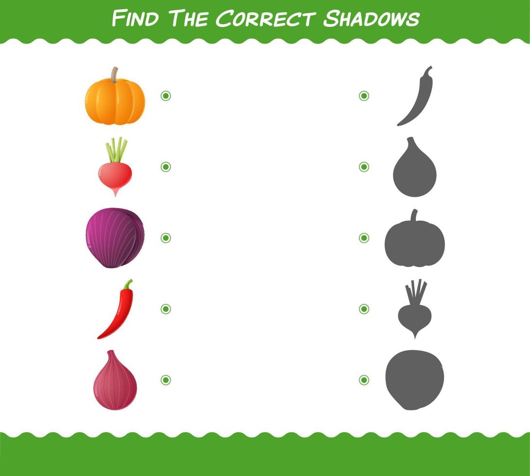 encontre as sombras corretas dos vegetais dos desenhos animados. jogo de busca e correspondência. jogo educativo para crianças e bebês da pré-escola vetor