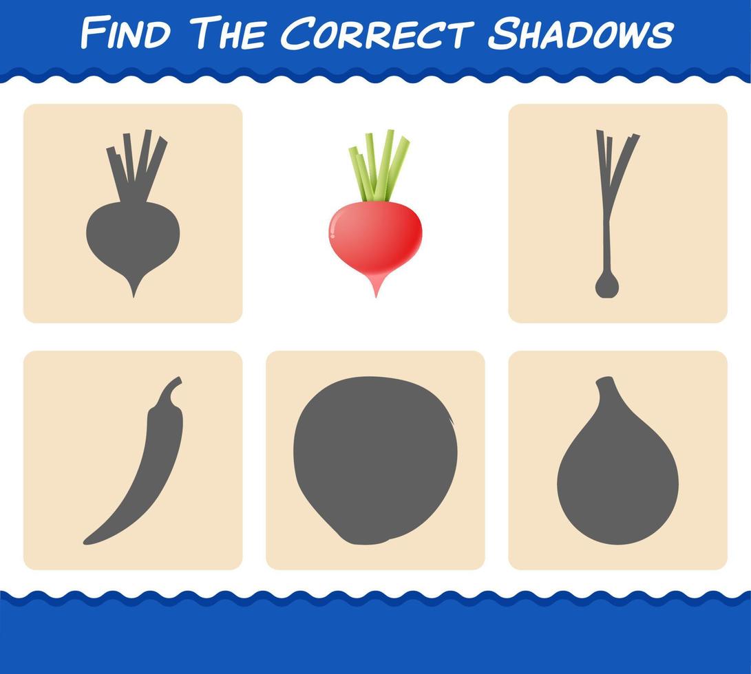 encontre as sombras corretas do rabanete dos desenhos animados. jogo de busca e correspondência. jogo educativo para crianças e bebês da pré-escola vetor