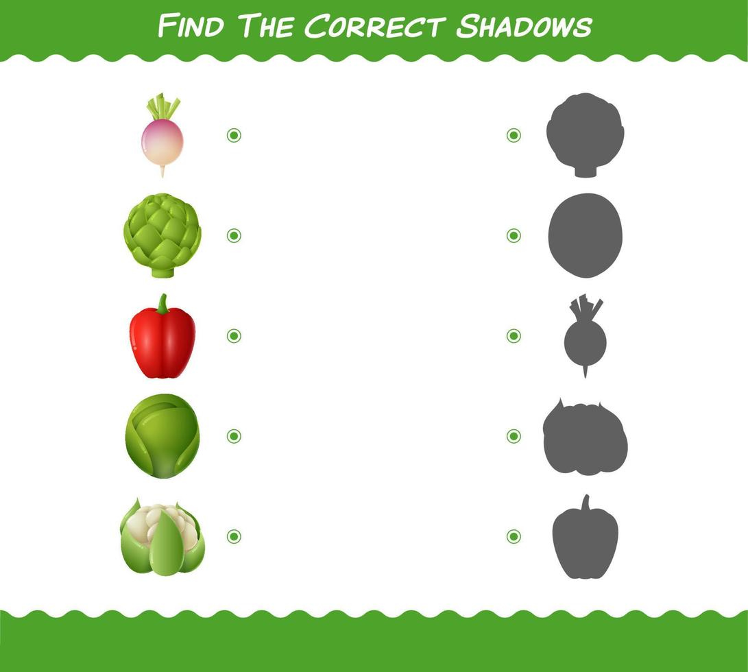 encontre as sombras corretas dos vegetais dos desenhos animados. jogo de busca e correspondência. jogo educativo para crianças e bebês da pré-escola vetor