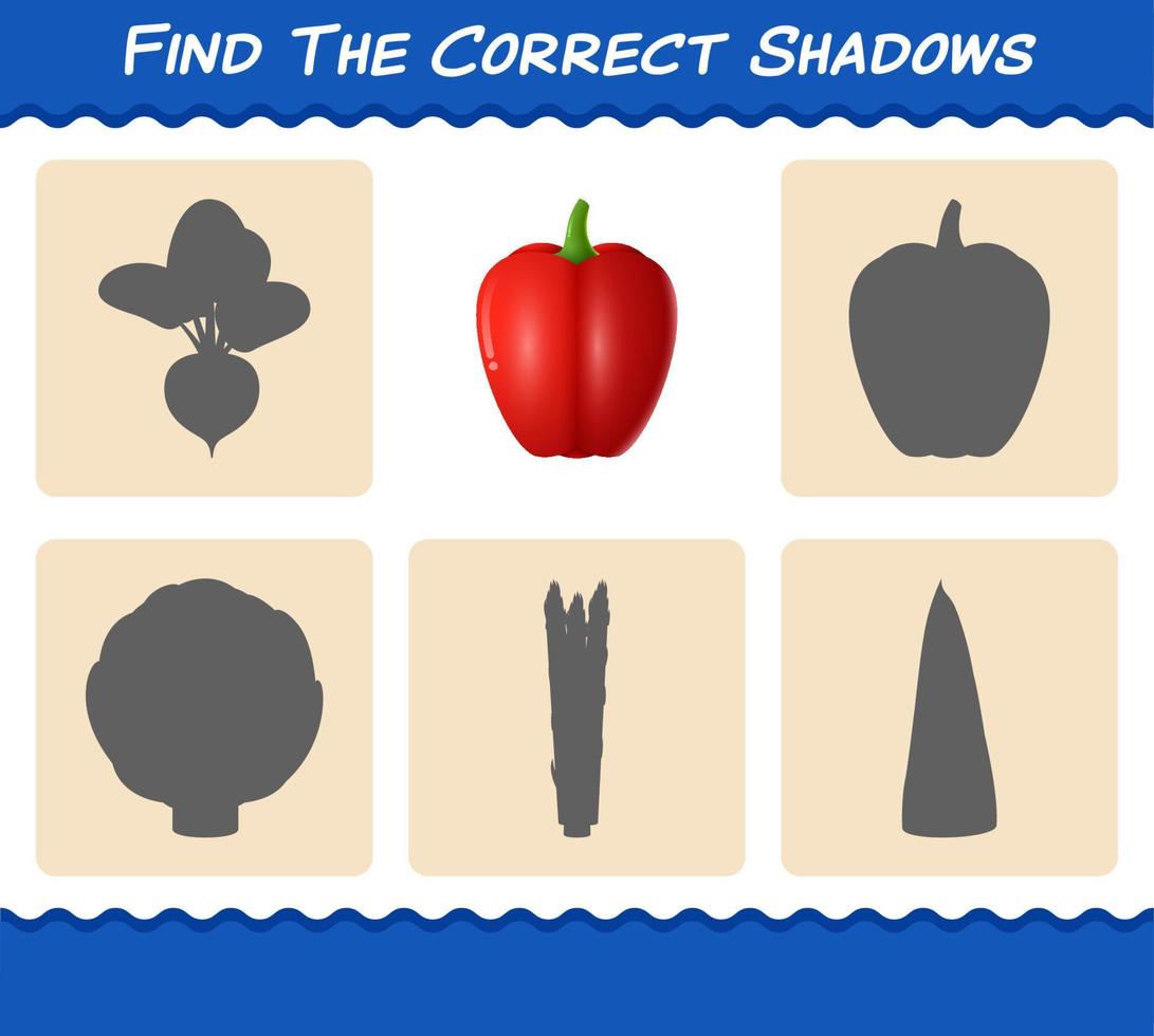 encontre as sombras corretas do pimentão dos desenhos animados. jogo de busca e correspondência. jogo educativo para crianças e bebês da pré-escola vetor