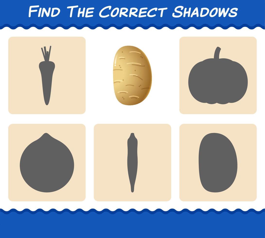 encontre as sombras corretas da batata dos desenhos animados. jogo de busca e correspondência. jogo educativo para crianças e bebês da pré-escola vetor