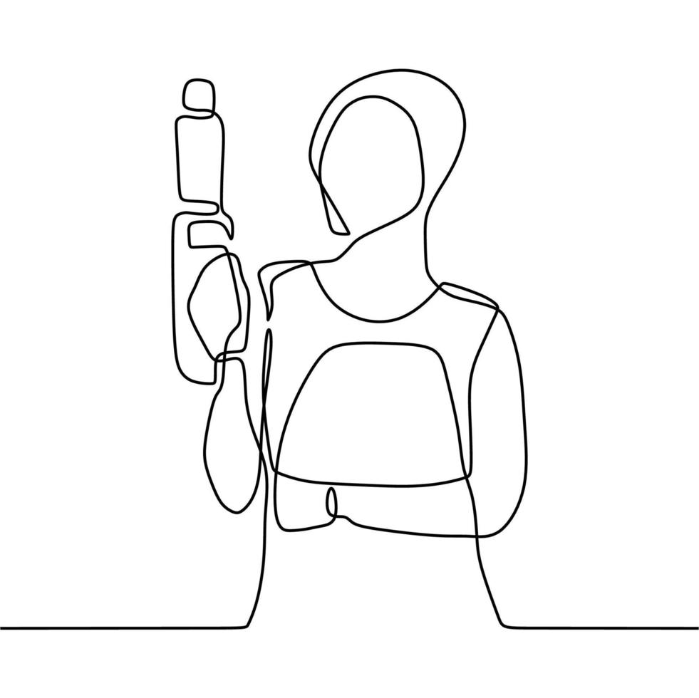 desenho de linha contínua em alguém segurando uma arma vetor