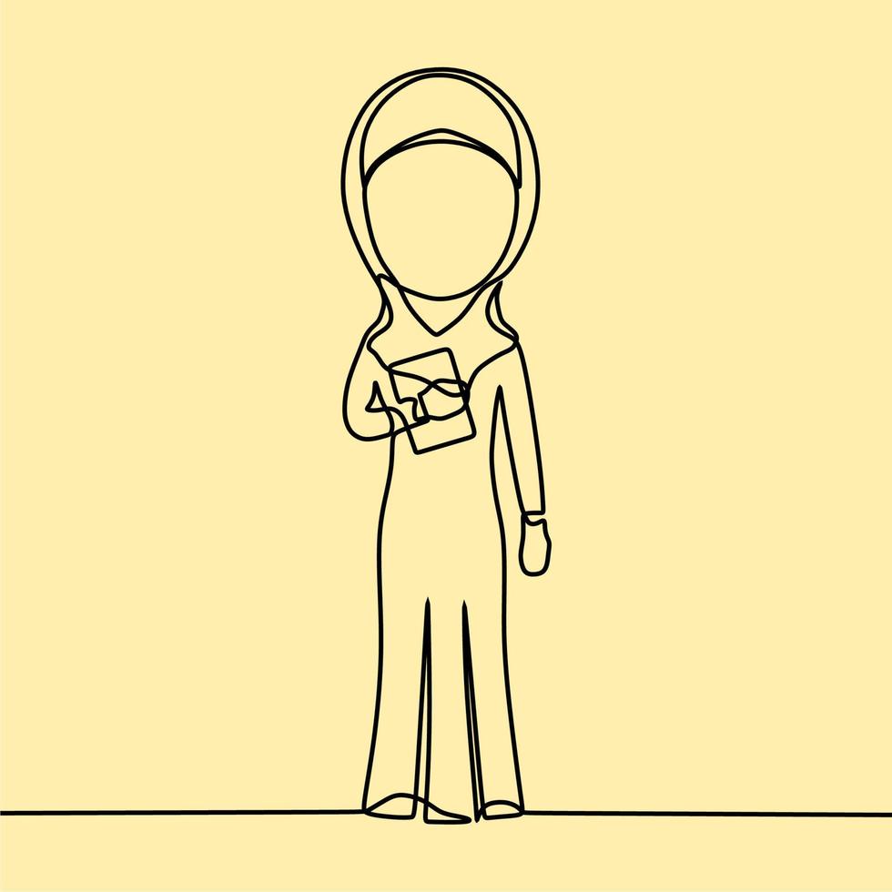 desenho de linha contínua em pessoas com hijab vetor