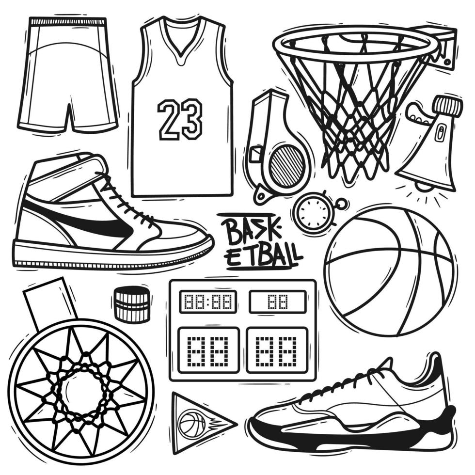 definir doodle desenhado de mão de elemento de basquete vetor