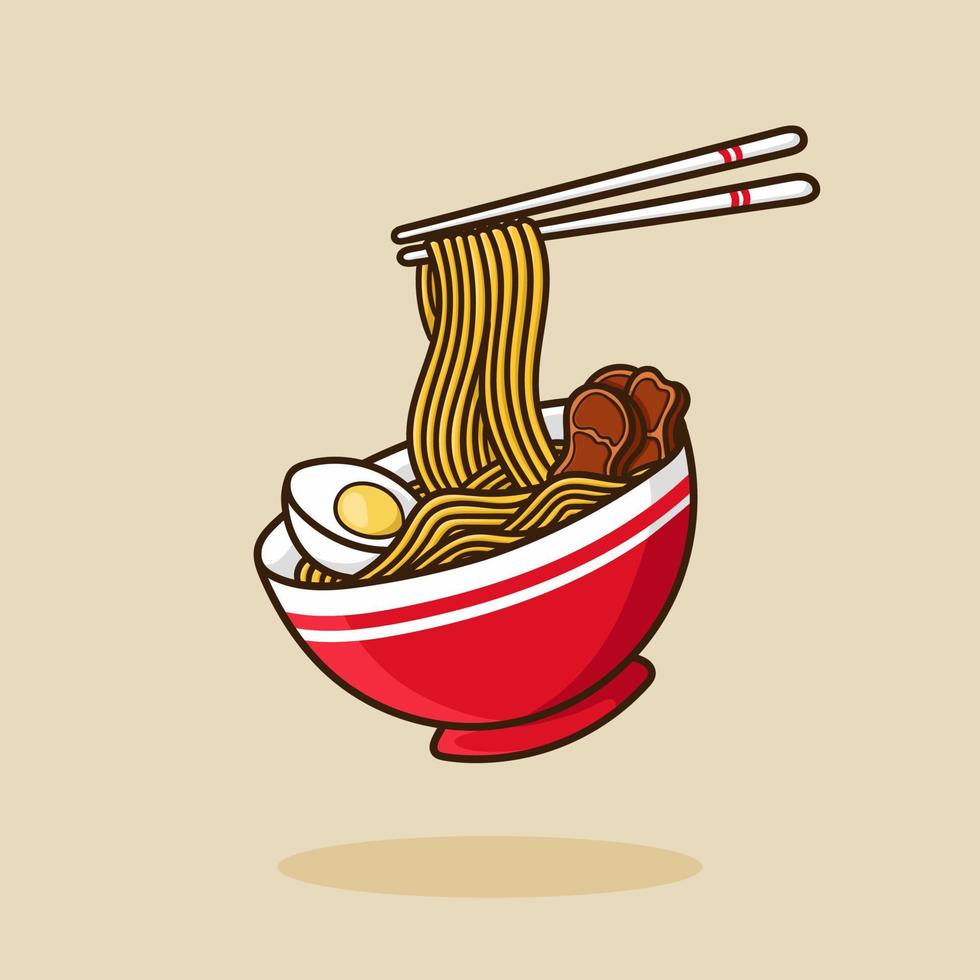 ovo de tigela de macarrão ramen e carne com desenho vetorial de pauzinho vetor