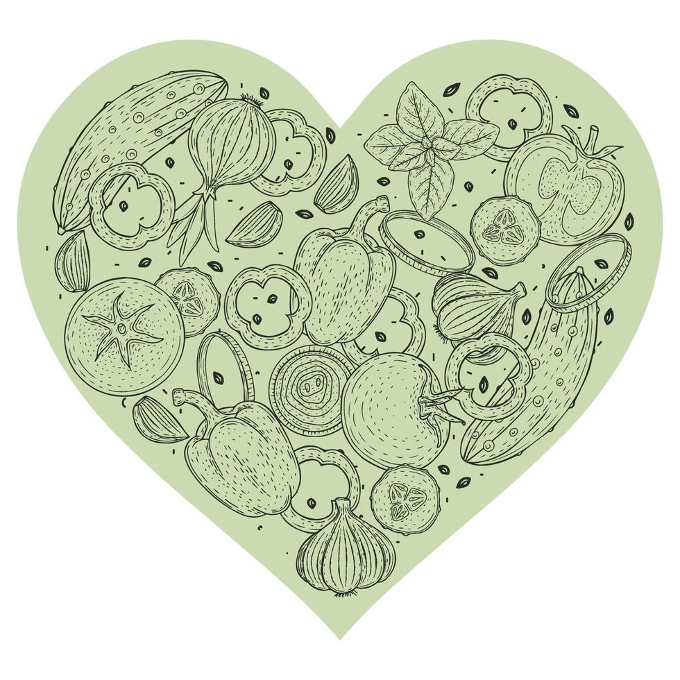 legumes em forma de coração. sinal vegano. ilustração vetorial de comida. isolado em branco vetor