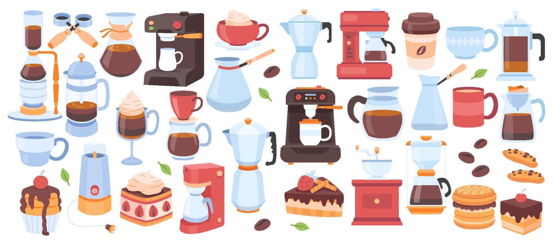 conjunto de coleções de elementos de métodos de fabricação de café, coleção de ferramentas e utensílios de café para preparar e servir, cliparts vetoriais isolados. ilustrações de doodle desenhadas à mão. máquina de café, turca. vetor