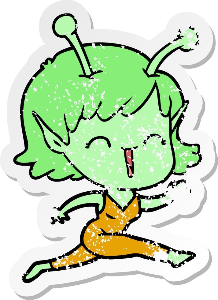 adesivo angustiado de uma garota alienígena de desenho animado rindo vetor