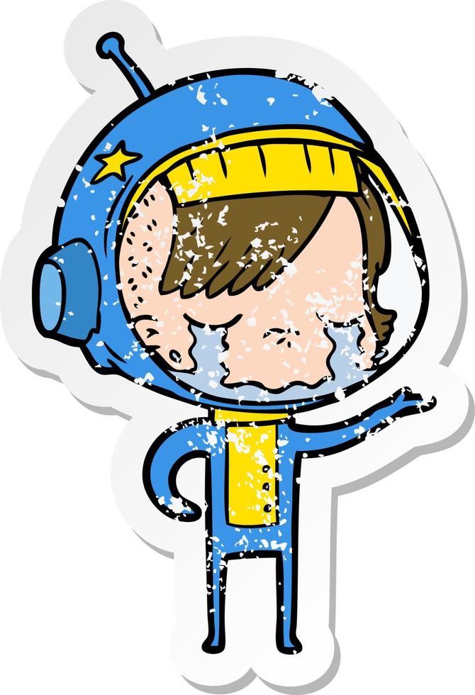 adesivo angustiado de uma garota astronauta chorando de desenho animado vetor