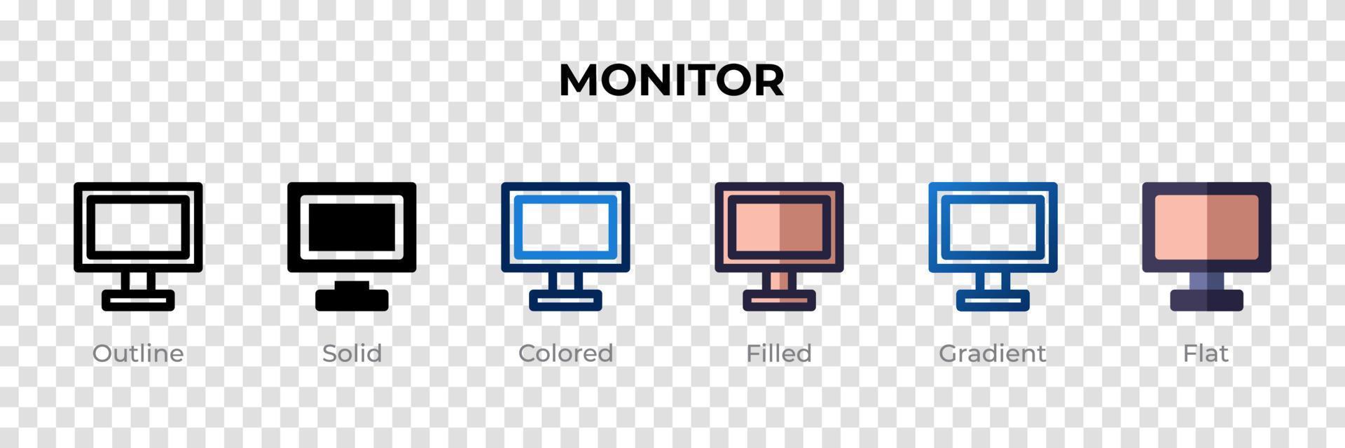 monitor ícone em estilo diferente. monitore ícones vetoriais projetados em estilo de contorno, sólido, colorido, preenchido, gradiente e plano. símbolo, ilustração do logotipo. ilustração vetorial vetor