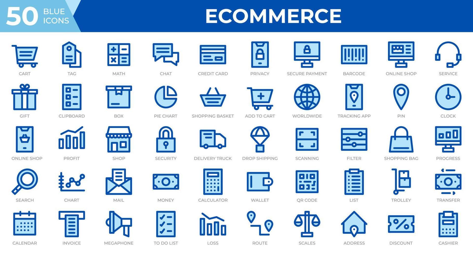 conjunto de 50 ícones da web de comércio eletrônico no estilo de linha azul. cartão de crédito, lucro, fatura. coleção de ícones de contorno. ilustração vetorial vetor