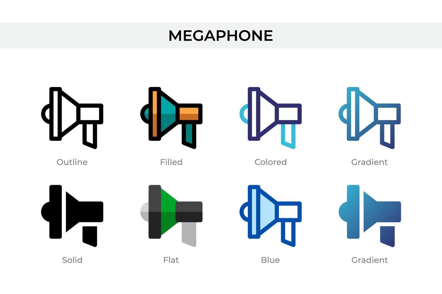 ícone de megafone em estilo diferente. ícones de vetor de megafone projetados em estilo de contorno, sólido, colorido, preenchido, gradiente e plano. símbolo, ilustração do logotipo. ilustração vetorial