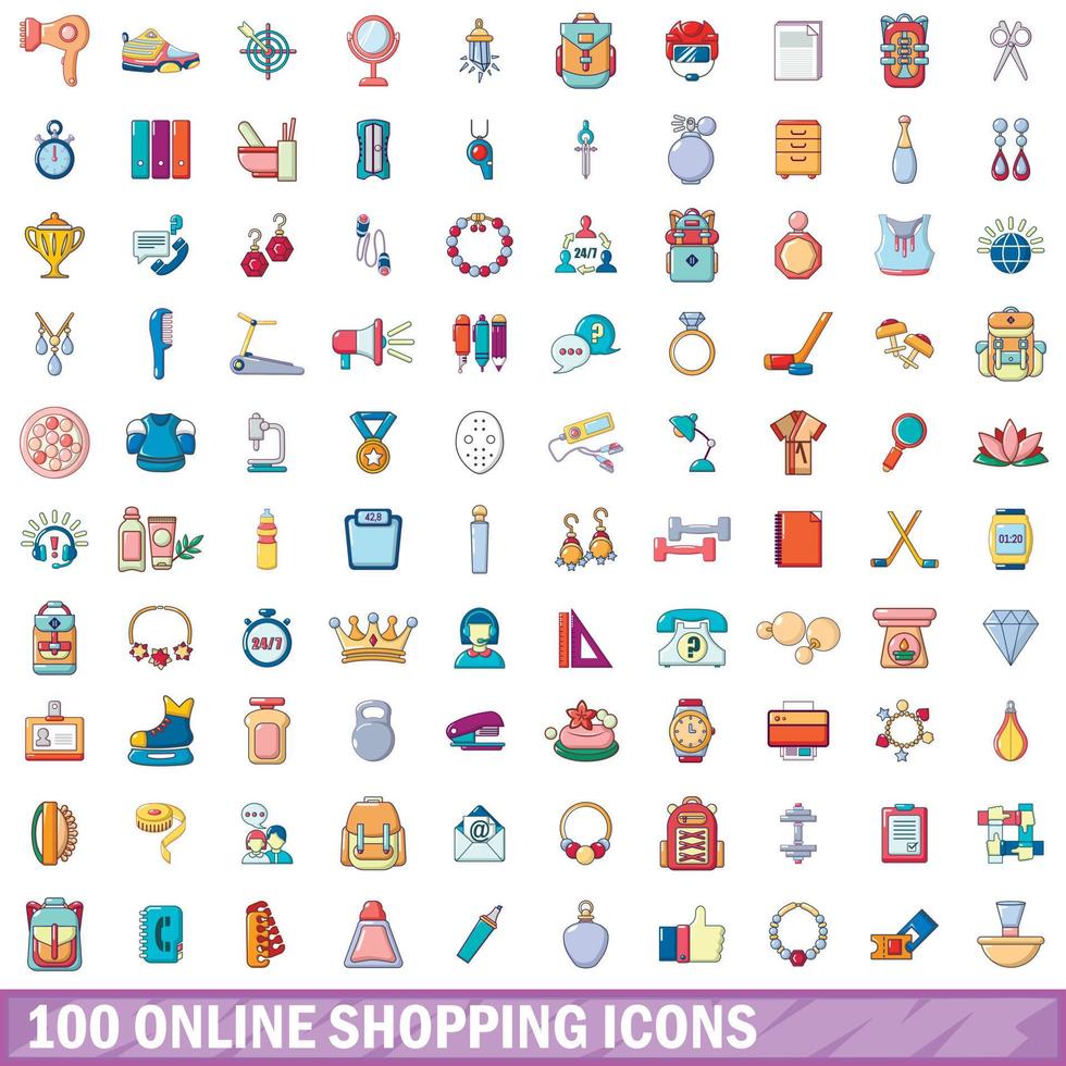 conjunto de 100 ícones de compras online, estilo cartoon vetor