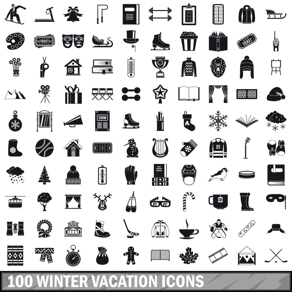 conjunto de 100 ícones de férias de inverno, estilo simples vetor