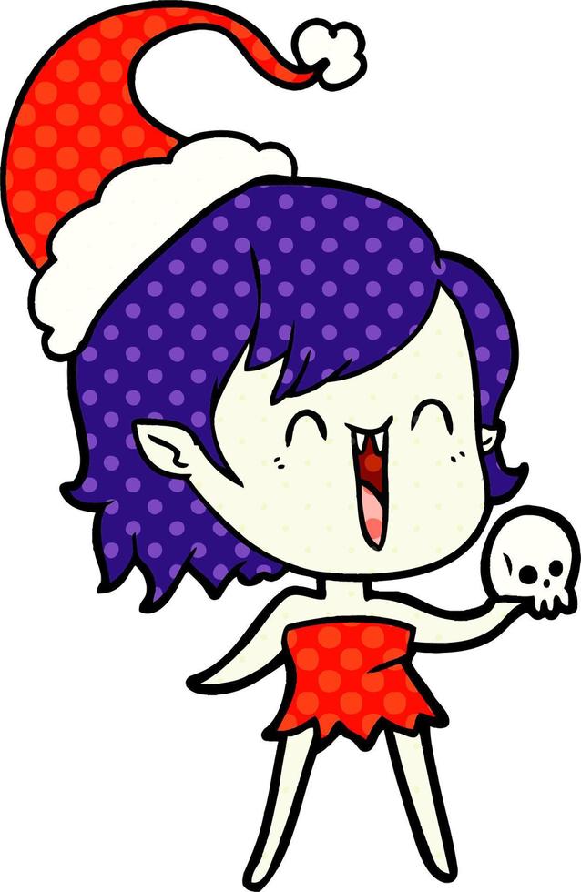 ilustração de estilo de quadrinhos fofo de uma garota vampira feliz usando chapéu de papai noel vetor