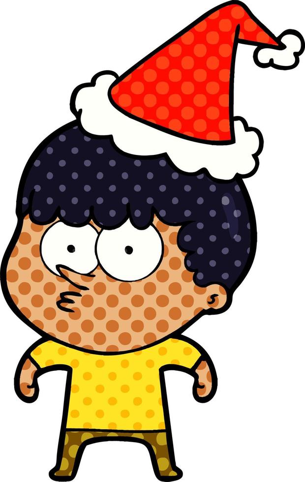 ilustração de estilo de quadrinhos de um menino curioso usando chapéu de papai noel vetor