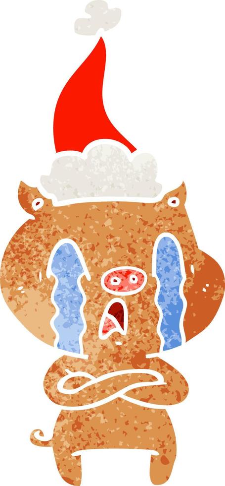 desenho retrô de porco chorando de um chapéu de papai noel vetor