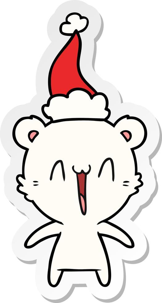 desenho de adesivo de urso polar feliz de um chapéu de papai noel vetor