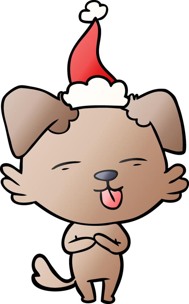 desenho de gradiente de um cachorro com a língua para fora usando chapéu de papai noel vetor