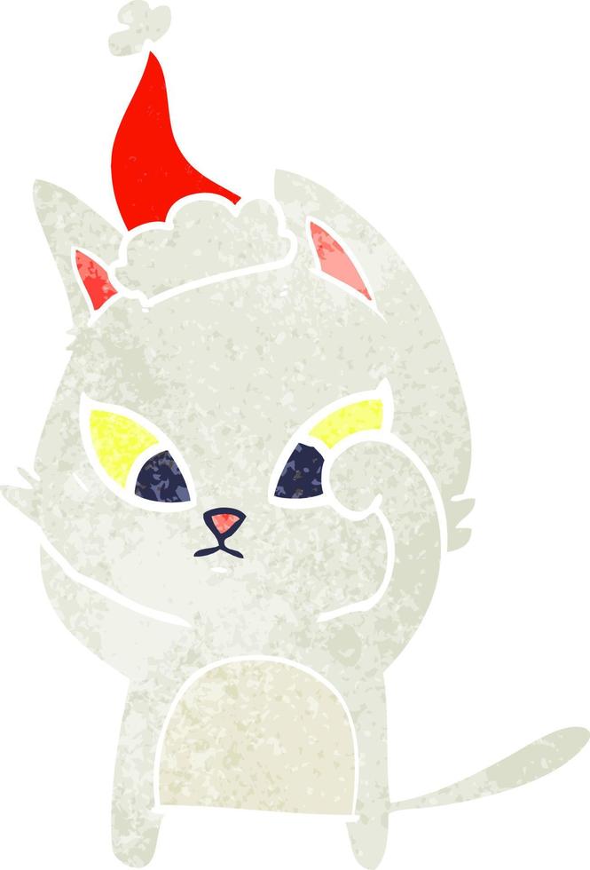 desenho retrô confuso de um gato usando chapéu de papai noel vetor