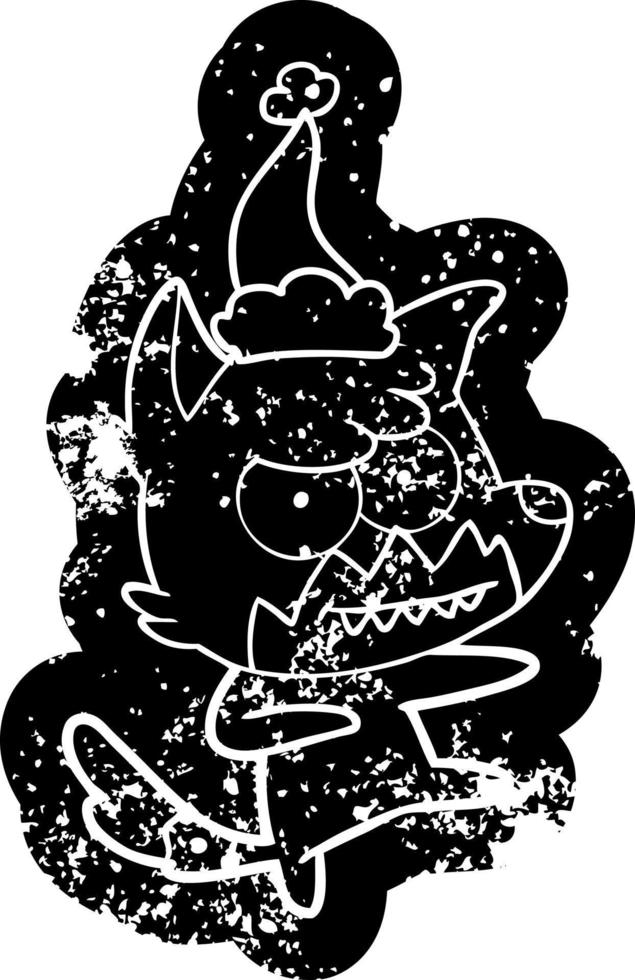 ícone angustiado dos desenhos animados de uma raposa sorridente usando chapéu de papai noel vetor