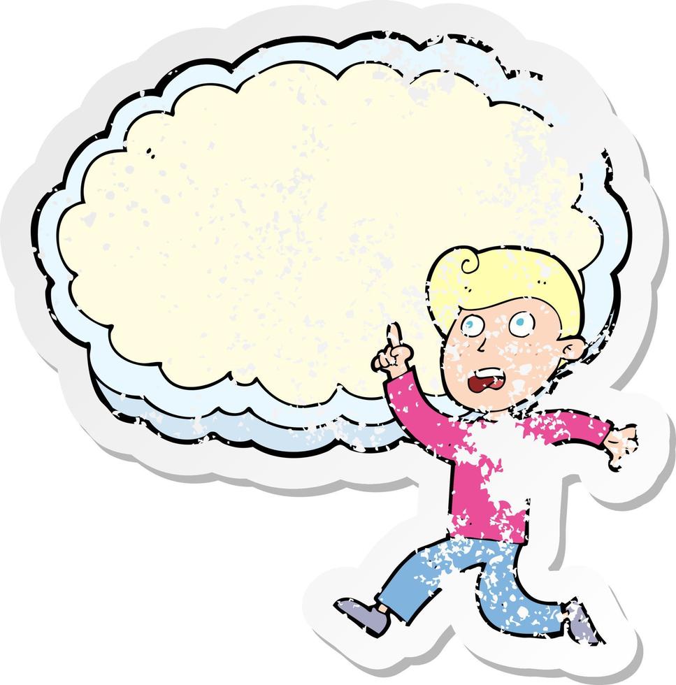 adesivo retrô angustiado de um desenho animado correndo menino e nuvem vetor