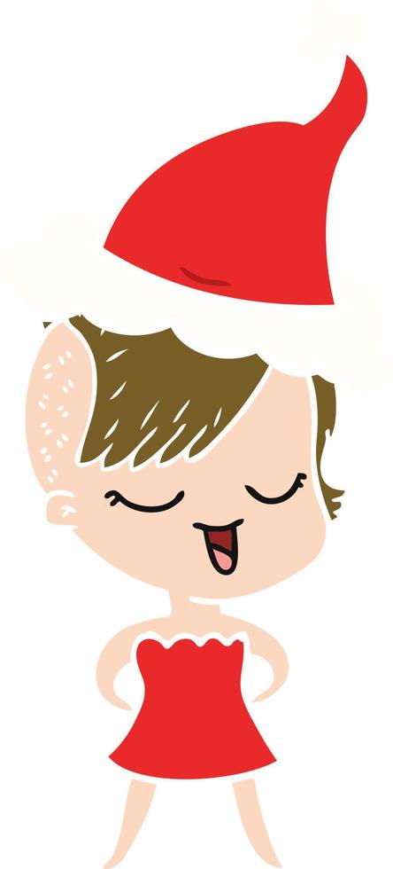 ilustração de cor plana feliz de uma garota em vestido de cocktail usando chapéu de papai noel vetor