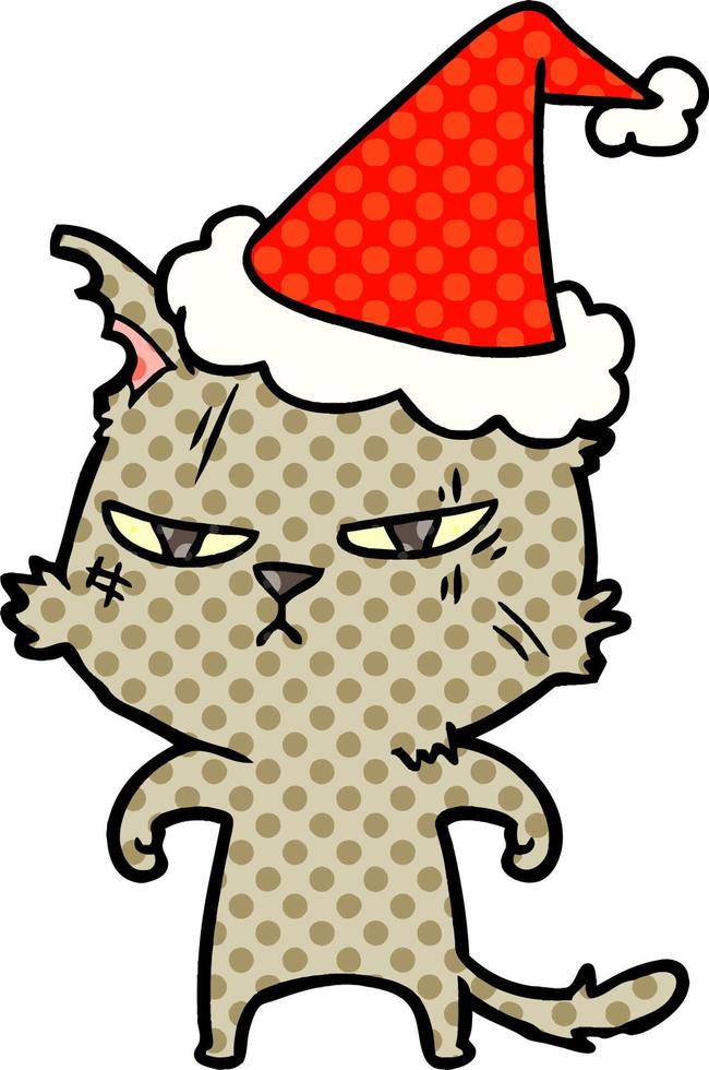 ilustração de estilo de quadrinhos difícil de um gato usando chapéu de papai noel vetor