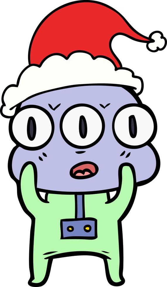 desenho de linha de um alienígena de três olhos usando chapéu de papai noel vetor